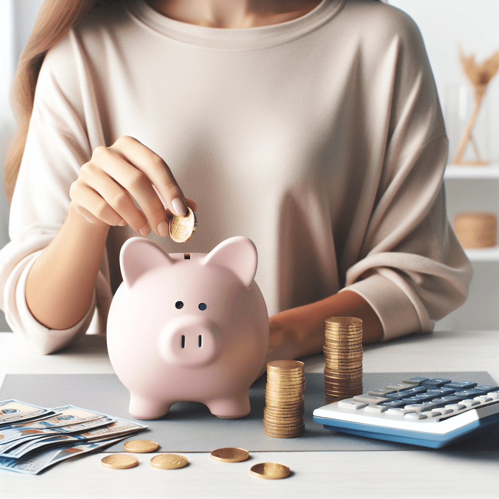 Persona colocando una moneda en una alcancía con pilas de monedas y una calculadora