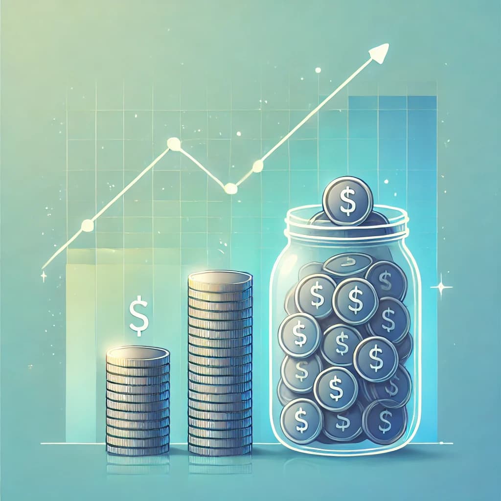 A modern illustration of saving habits featuring a stack of coins and a glass jar filled with coins, with a gradient background and an upward graph line representing financial growth.